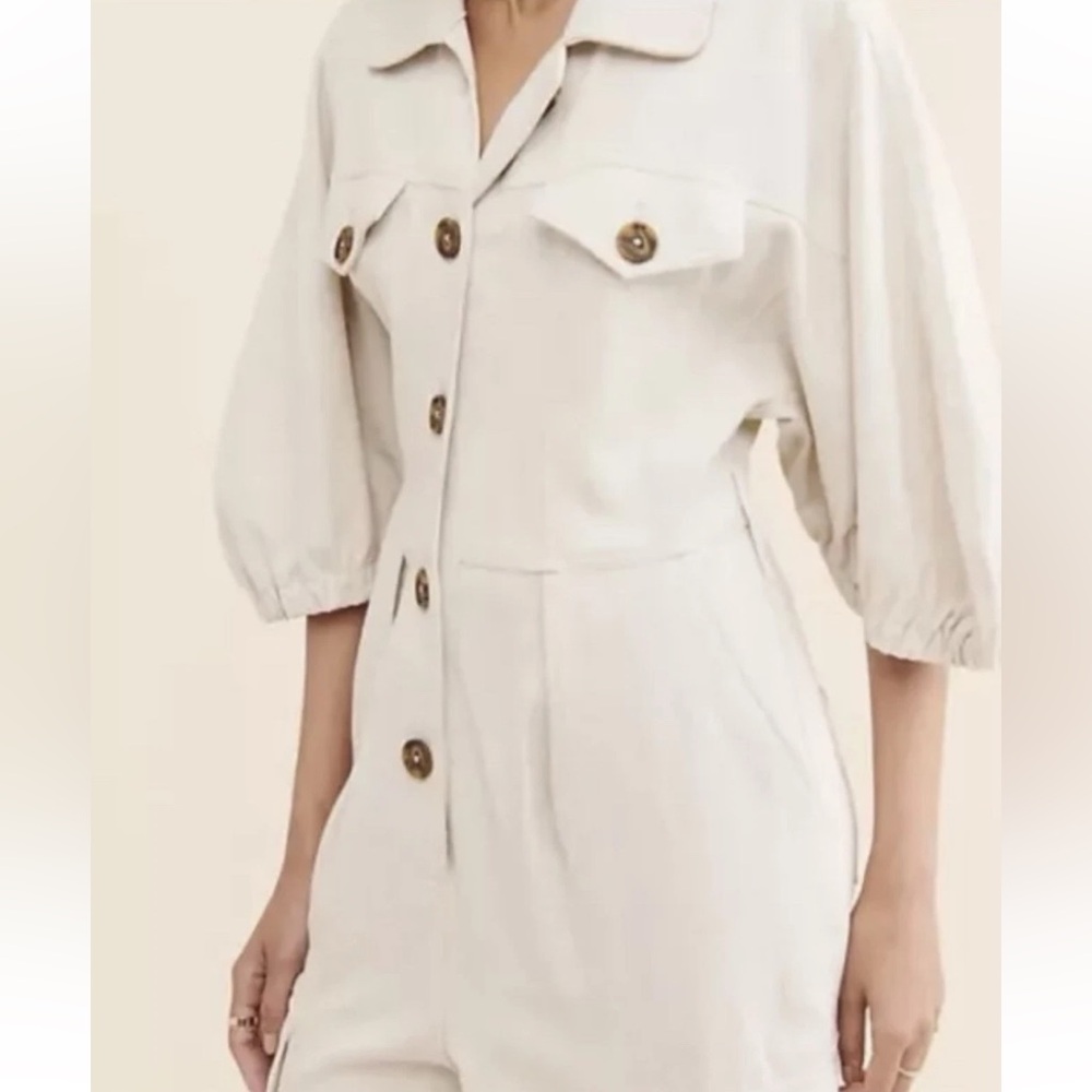 Divine Heritage Princess Cotton Linen Cargo Puff Sleeve Jumpsuit‎ Tan Size Small - Picture 2 of 11